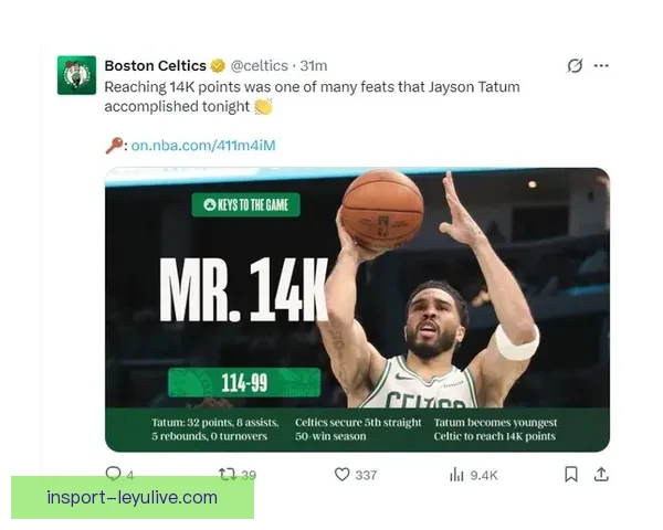 塔图姆突破14000分成历史第五年轻前锋仅次于詹杜瓜